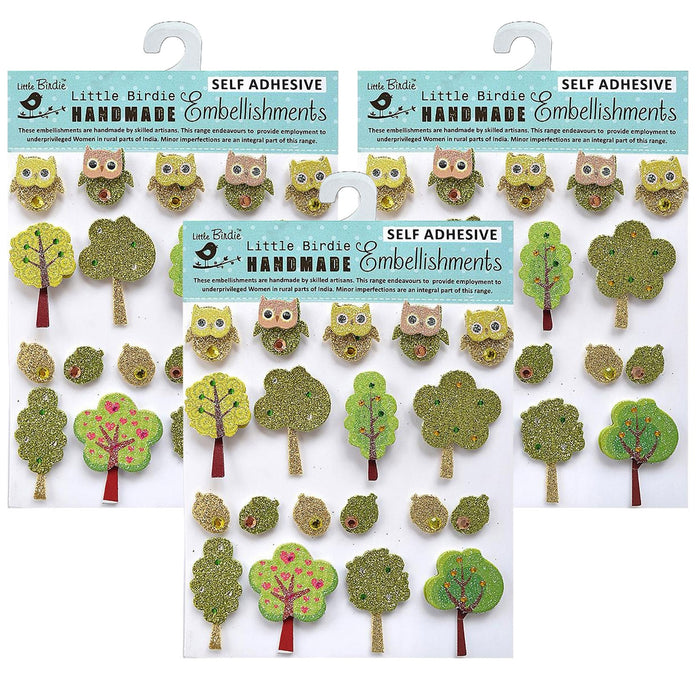 Pack of 3 - 3D Mini Glitter Embellishment 19/Pkg-Tiny Trees & Owls
