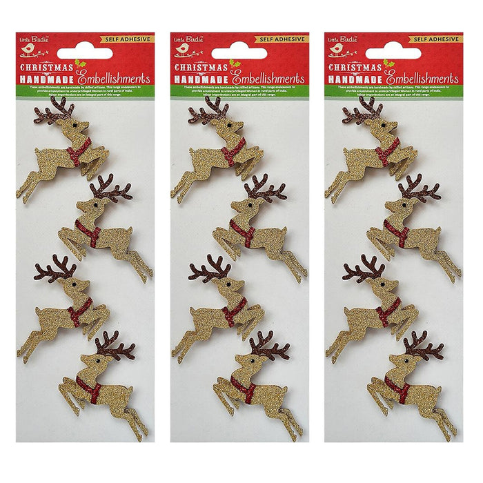 Pack of 3 - Christmas Embellishment 4/Pkg-Glitter Reindeer