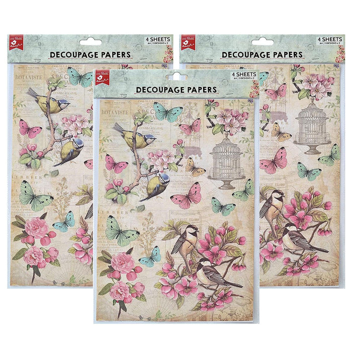 Pack of 3 - Decoupage Paper A4 4/Pkg-Robin Garden