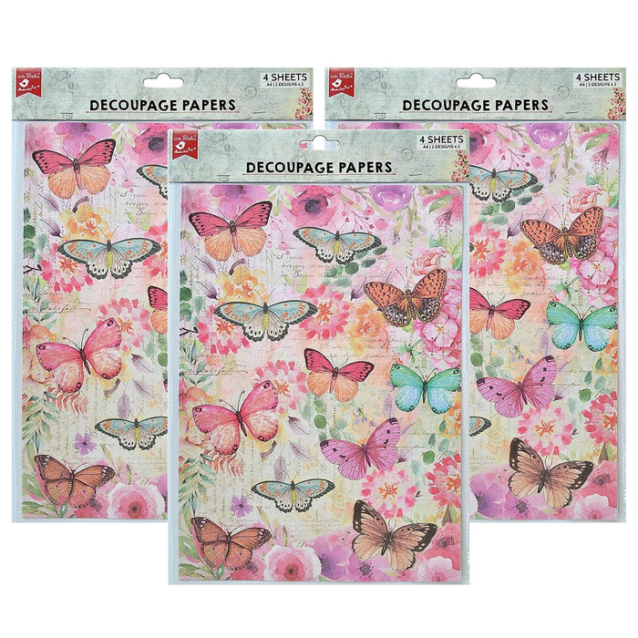 Pack of 3 - Decoupage Paper A4 4/Pkg-Butterfly Flight