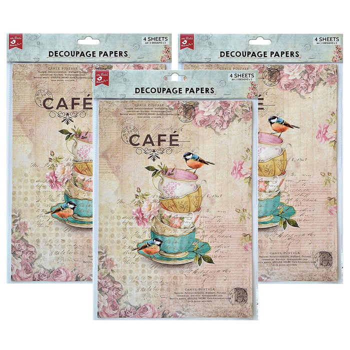 Pack of 3 - Decoupage Paper A4 4/Pkg-Birdie Caf