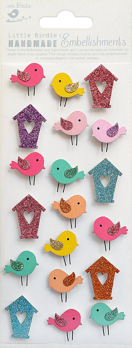Little Birdie Mini Glitter Embellishments 19/Pkg-Bird & Birdhouse