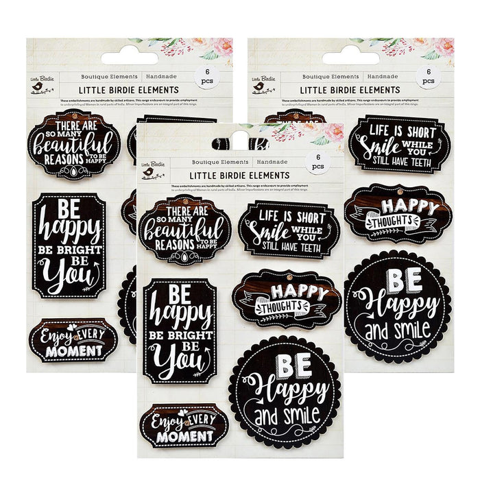 Pack of 3 - Printed Wooden Bark Banner Embellishment 6/Pkg-Happy Thoughts