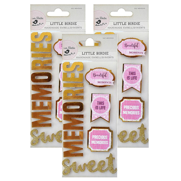 Pack of 3 - Foil and Glitter Sticker Embellishment 12/Pkg-Sweet Memories