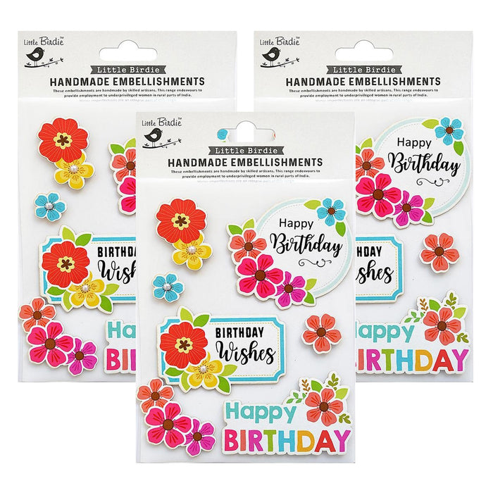Pack of 3 - Floral Embellishment 7/Pkg-Birthday Wishes