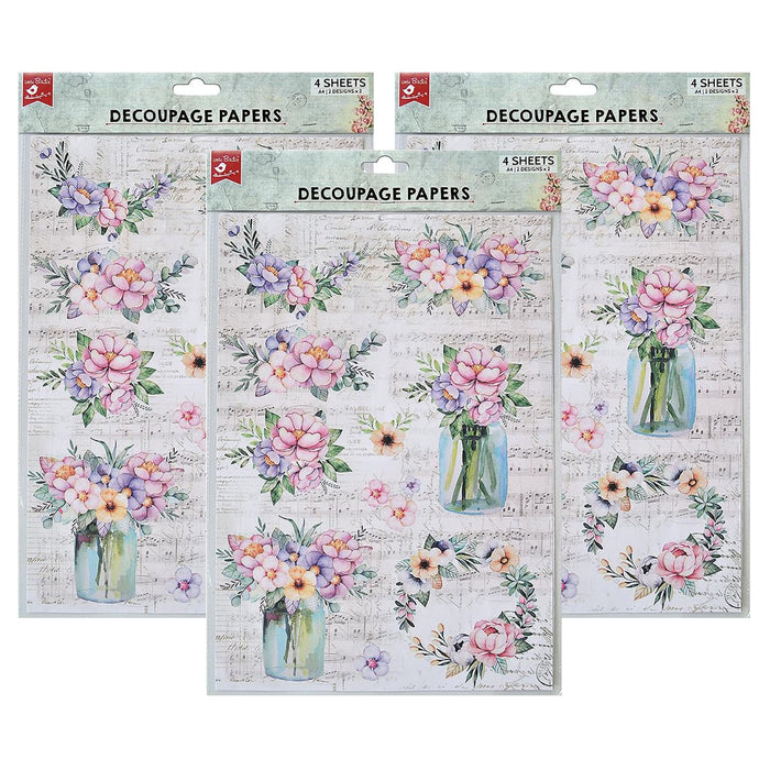 Pack of 3 - Decoupage Paper A4 4/Pkg-Floral Essence