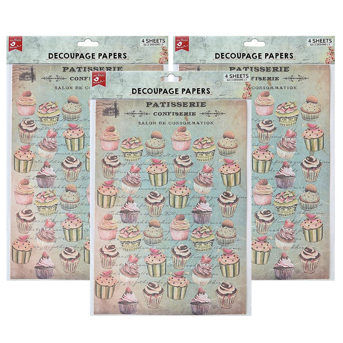 Pack of 3 - Decoupage Paper A4 4/Pkg-Cupcake Delight